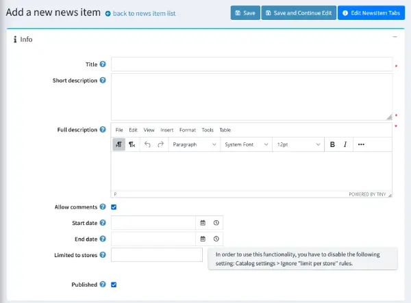 nopCommerce admin news article info