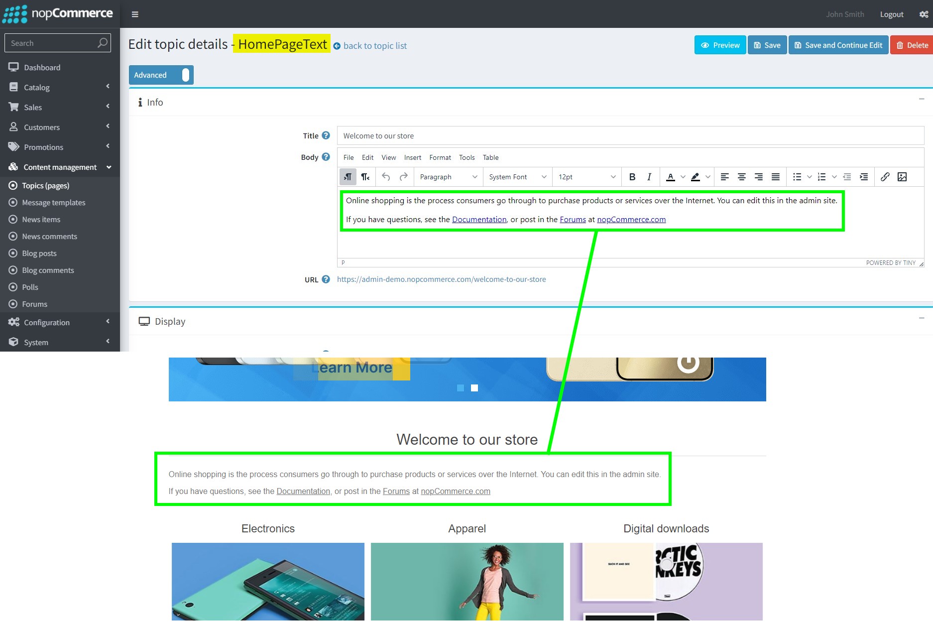 nopCommerce topic usage