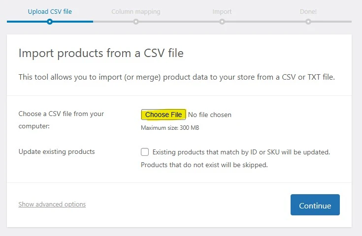 WooCommerce product import file upload