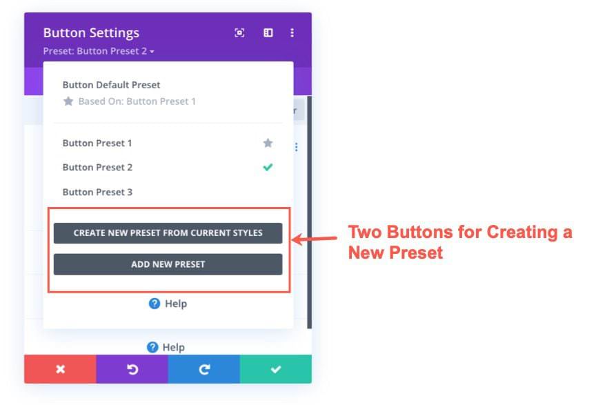 Buttons to create new presets